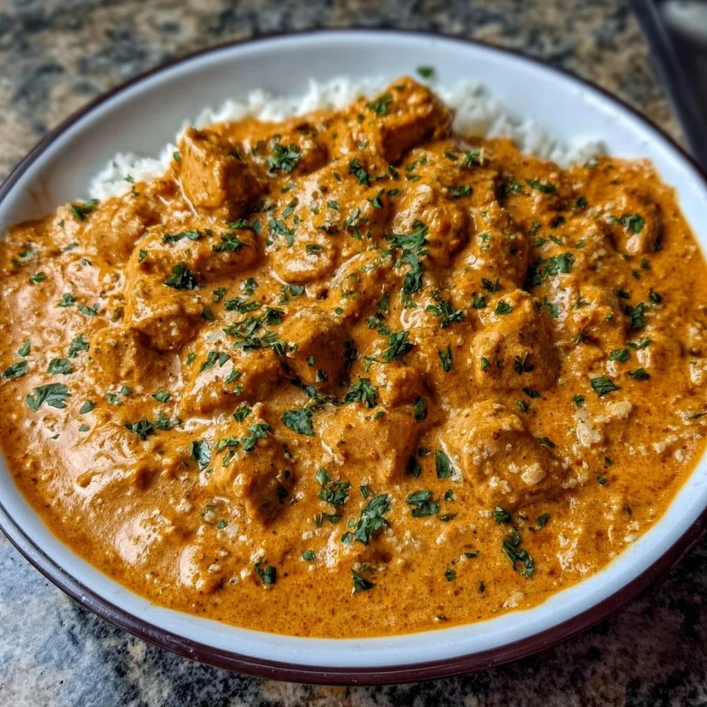 Plate of quick and easy homemade butter chicken with rice and naan