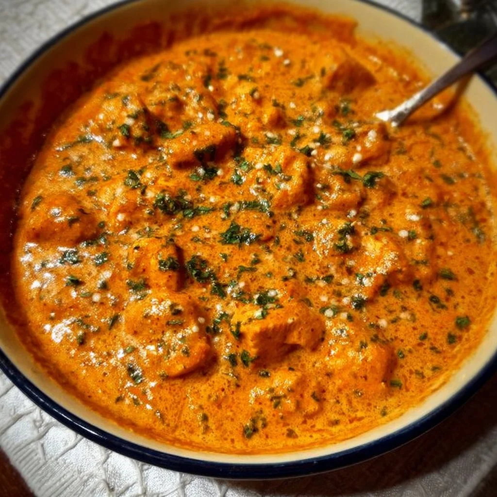 Homemade butter chicken served with rice and naan bread