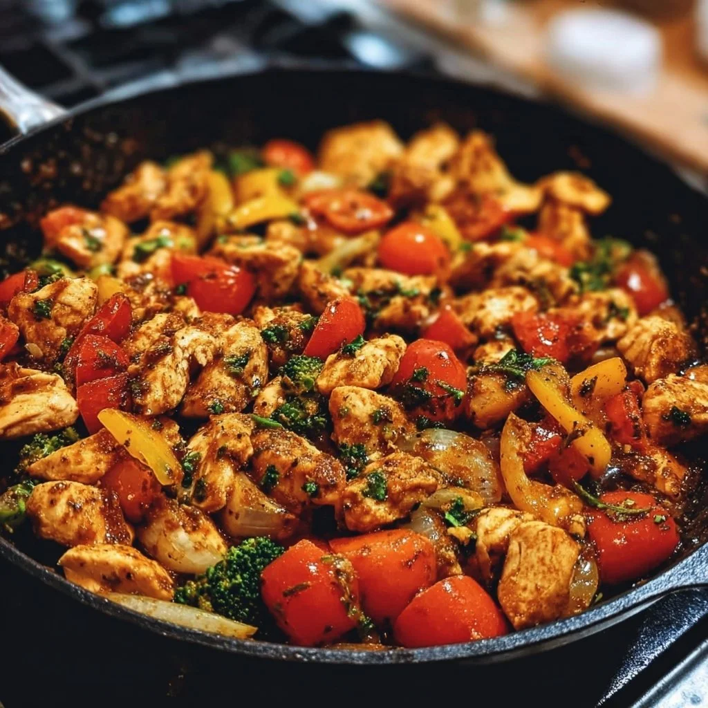 Delicious quick and healthy chicken skillet dish with vegetables