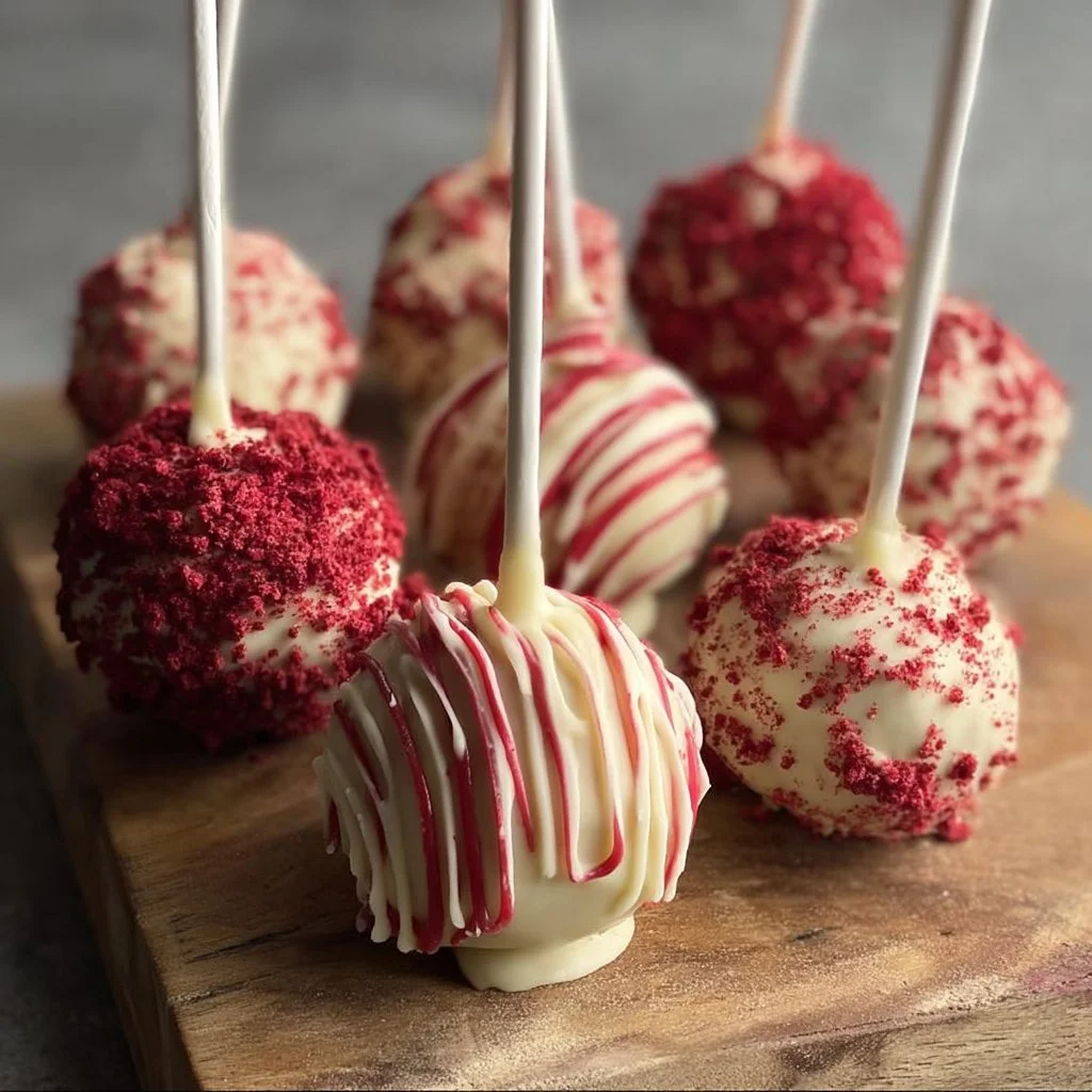 Delicious homemade red velvet cake pops decorated with white frosting