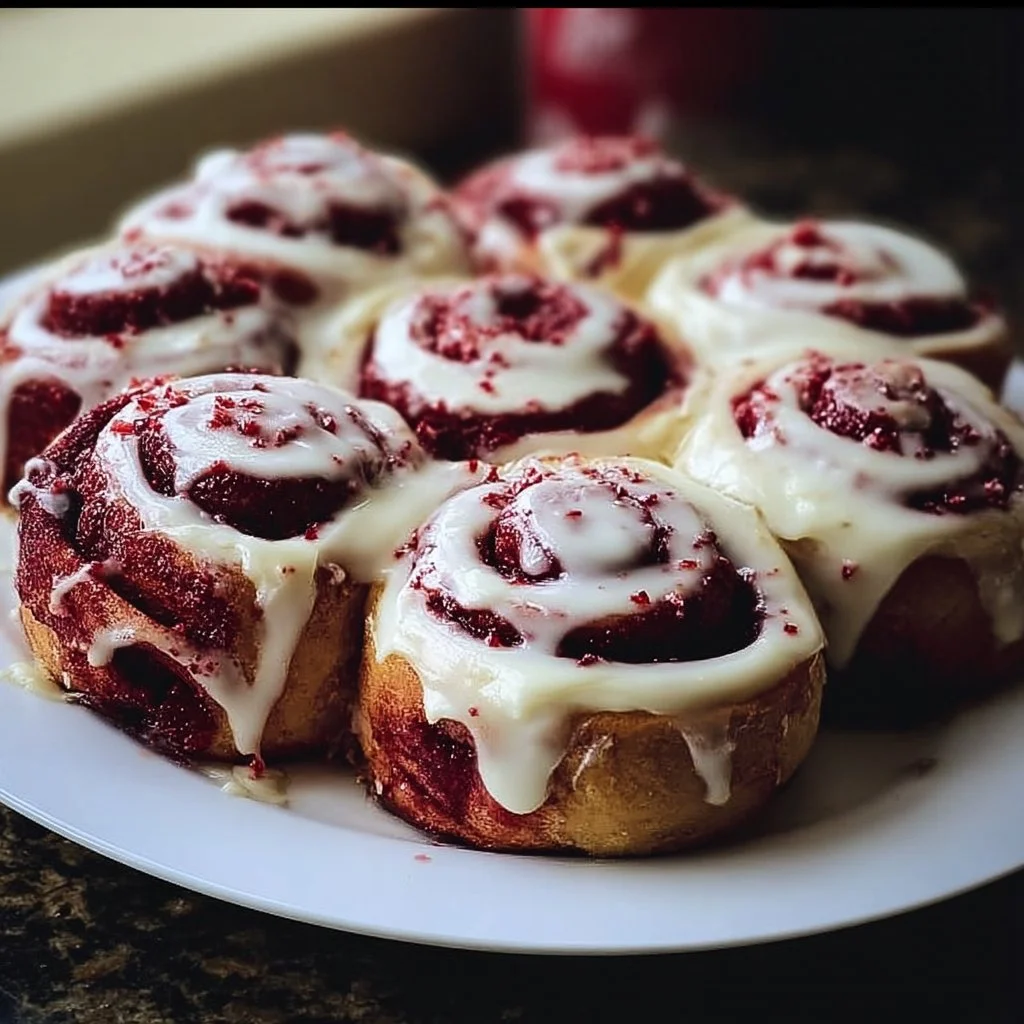 Delicious red velvet cinnamon rolls garnished with cream cheese icing.