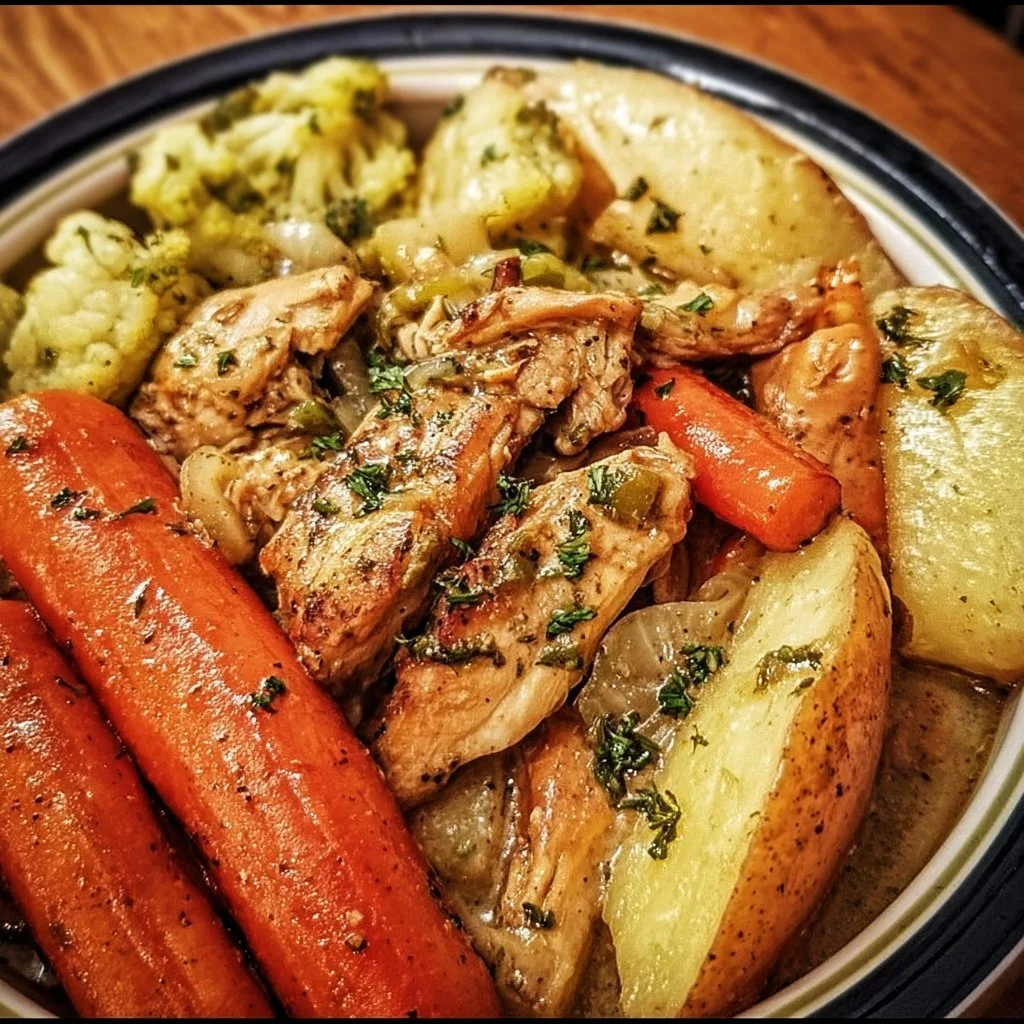 Slow cooker garlic butter chicken with colorful veggies in a serving dish.