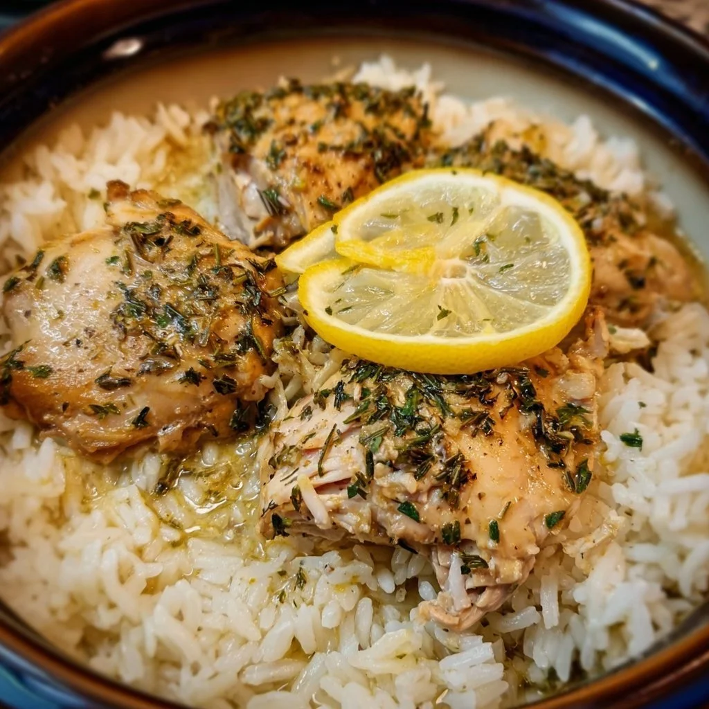 Slow cooker lemon herb chicken with fluffy rice in a serving dish
