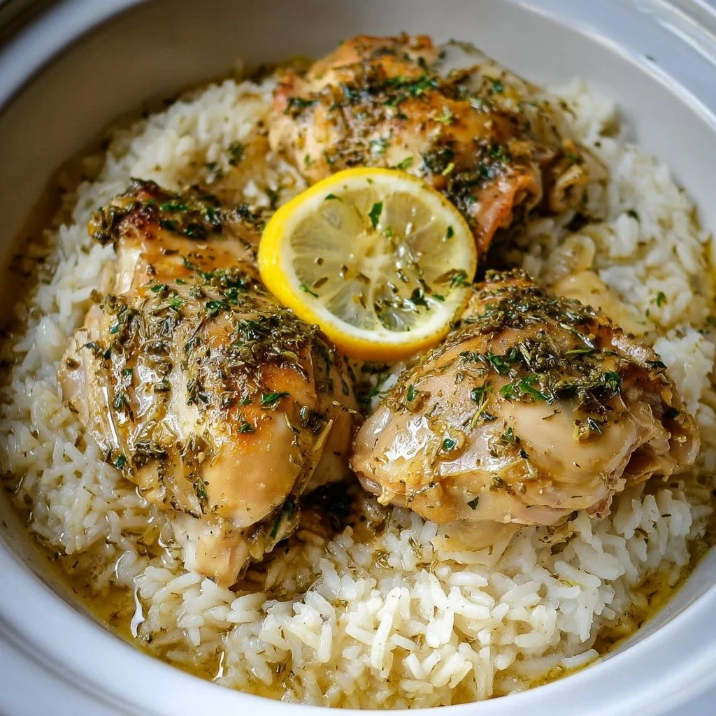 Slow Cooker Lemon Herb Chicken served with fluffy rice on a plate