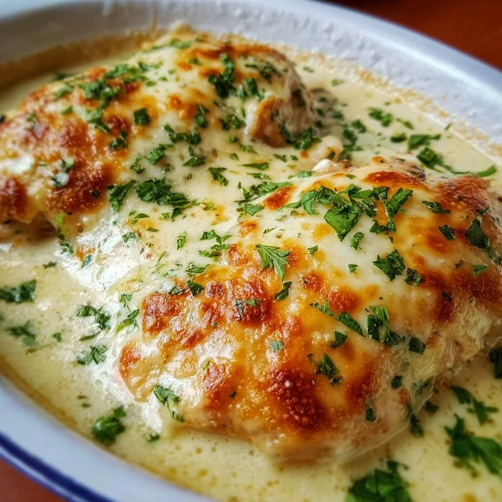 Smothered cheesy sour cream chicken served with fresh herbs and side dishes