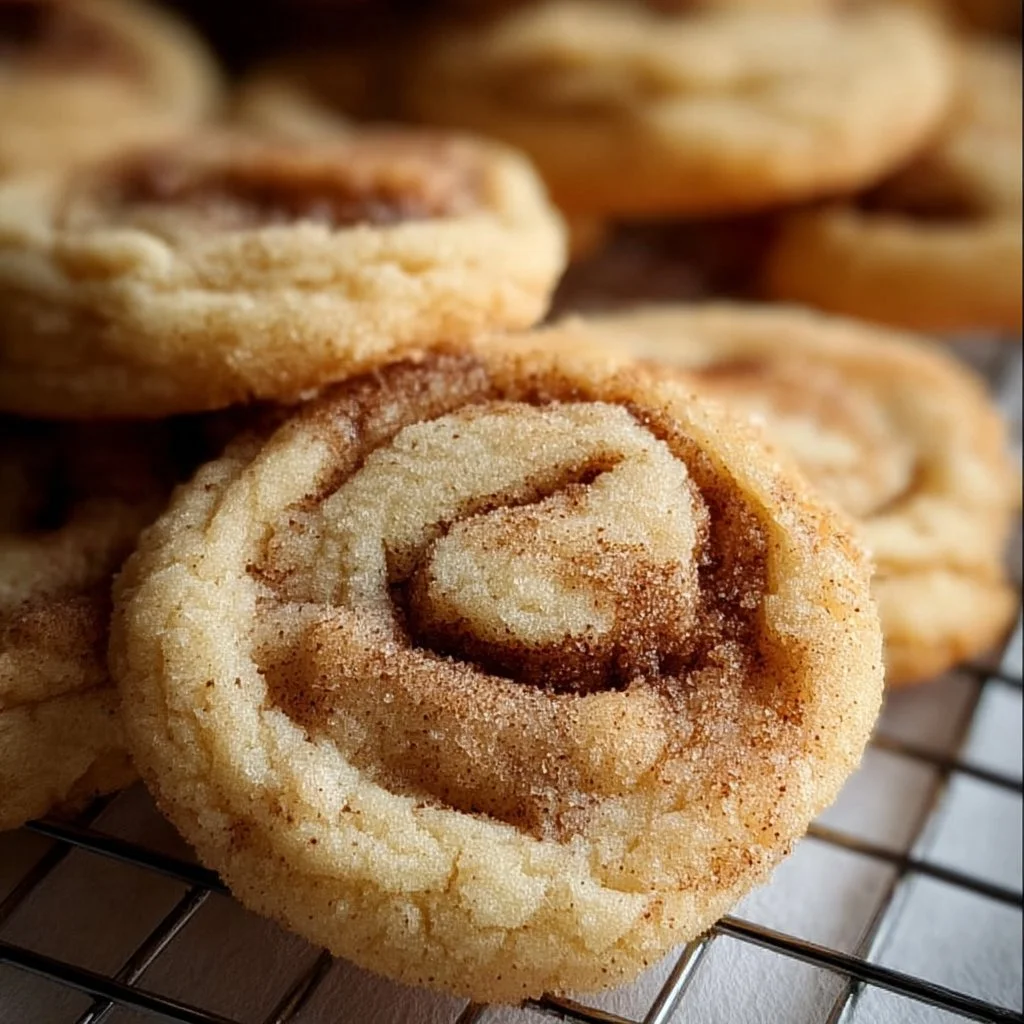 Delicious soft and chewy cinnamon roll cookies on a wooden table
