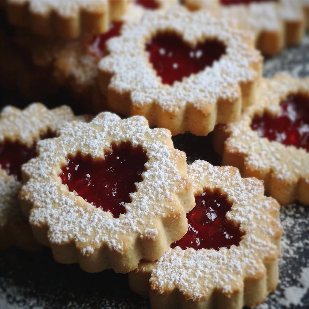 Delicious soft and sweet Linzer Cookies on a rustic wooden table