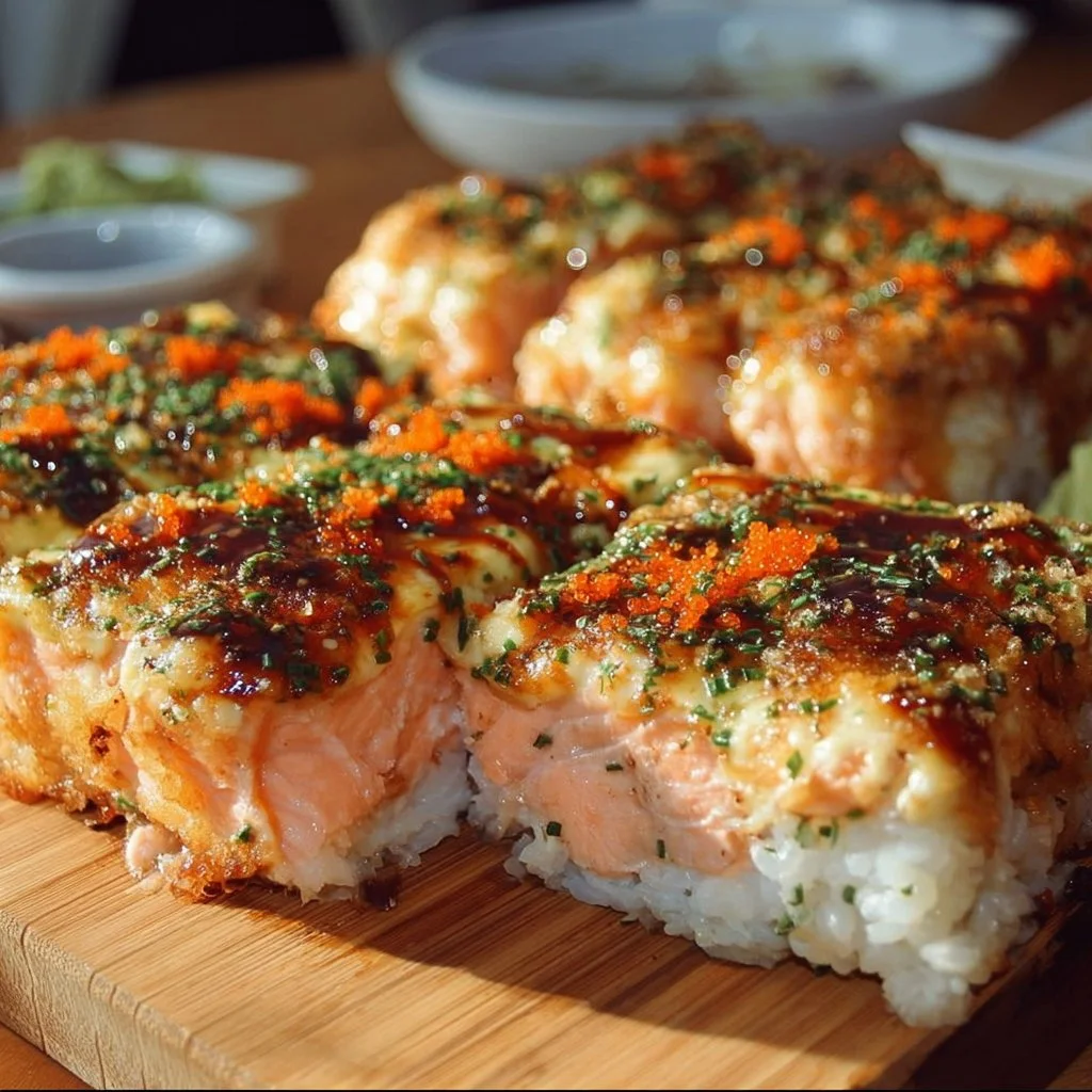 Baked spicy salmon sushi topped with creamy sauce and green onions
