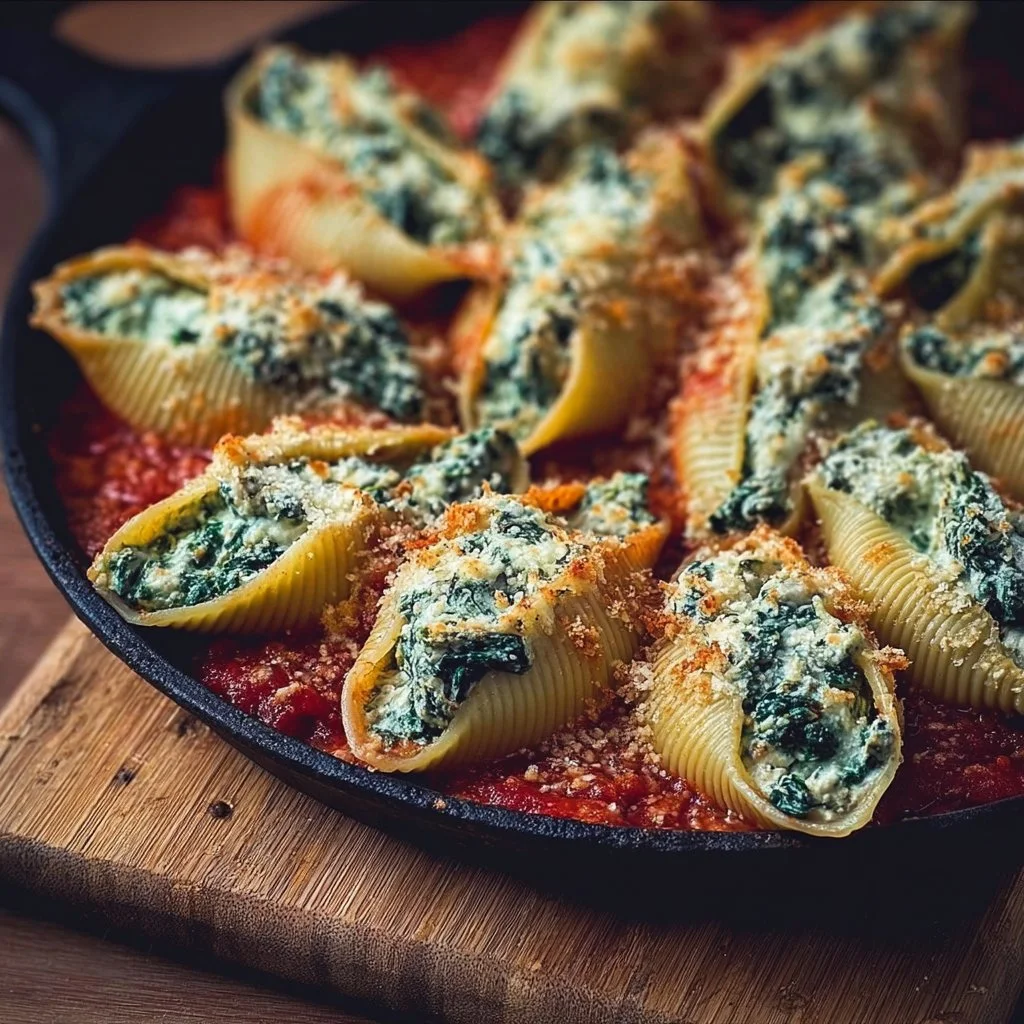 Plate of spinach and ricotta stuffed shells topped with marinara sauce.