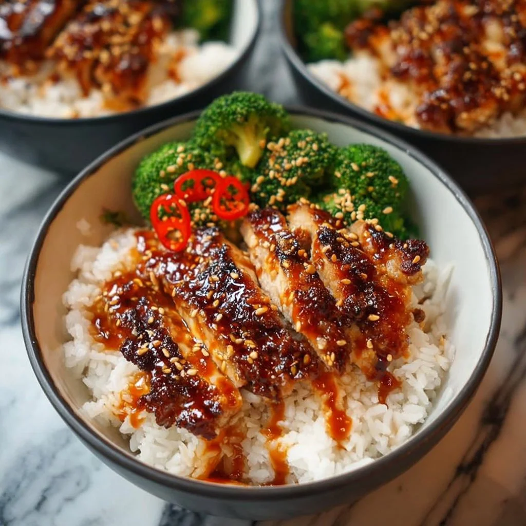 Delicious sticky chicken rice bowls served with fresh herbs and vegetables.
