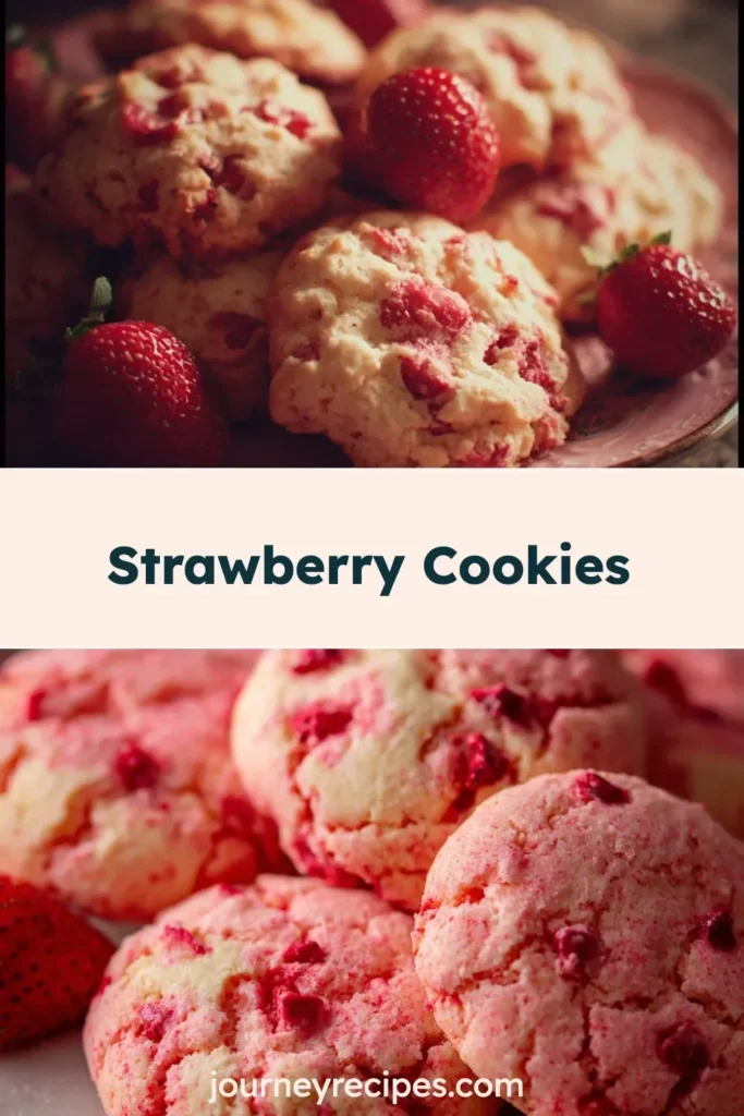 Freshly baked strawberry cookies with strawberries and sprinkles.