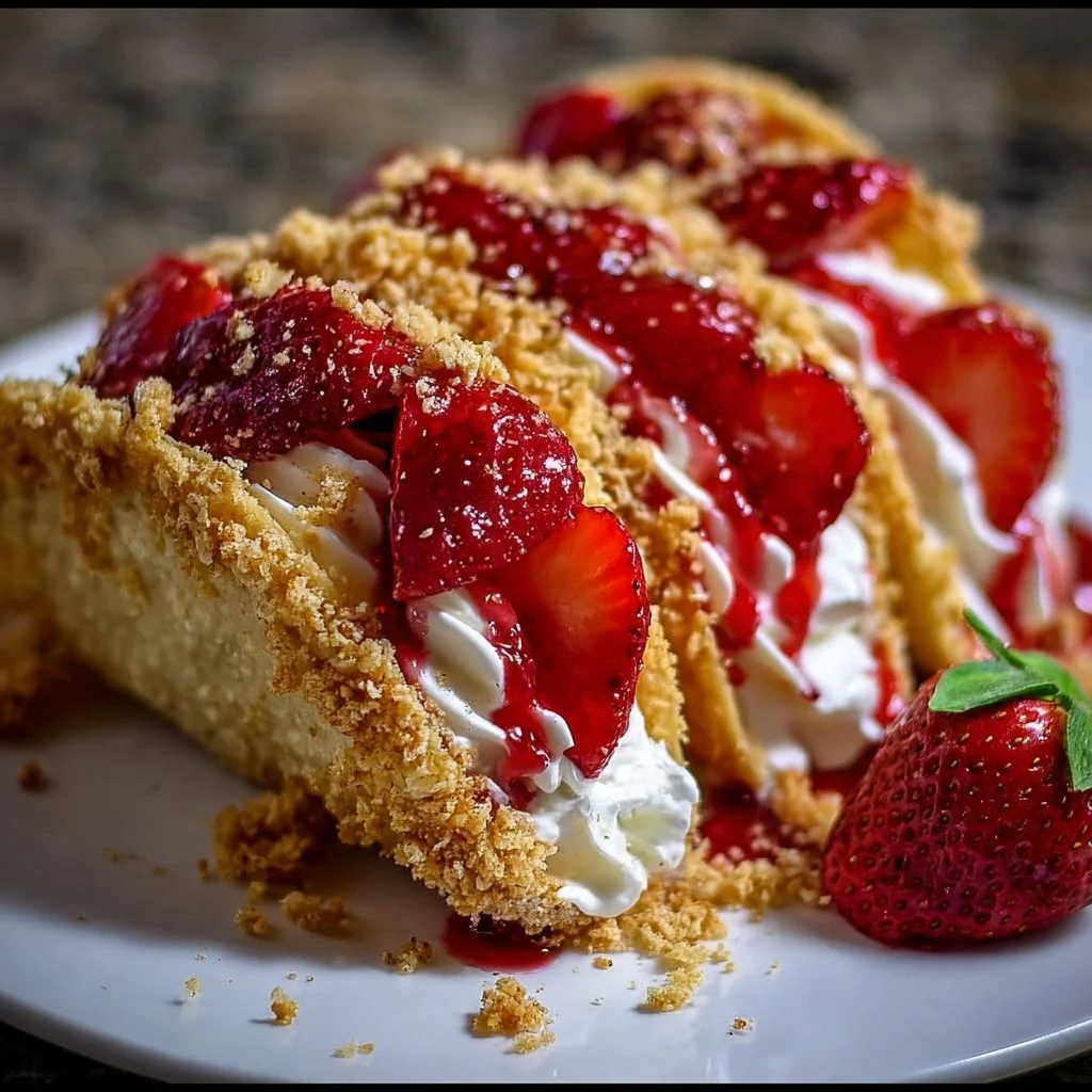 Strawberry crunch cheesecake tacos topped with crushed strawberries and whipped cream
