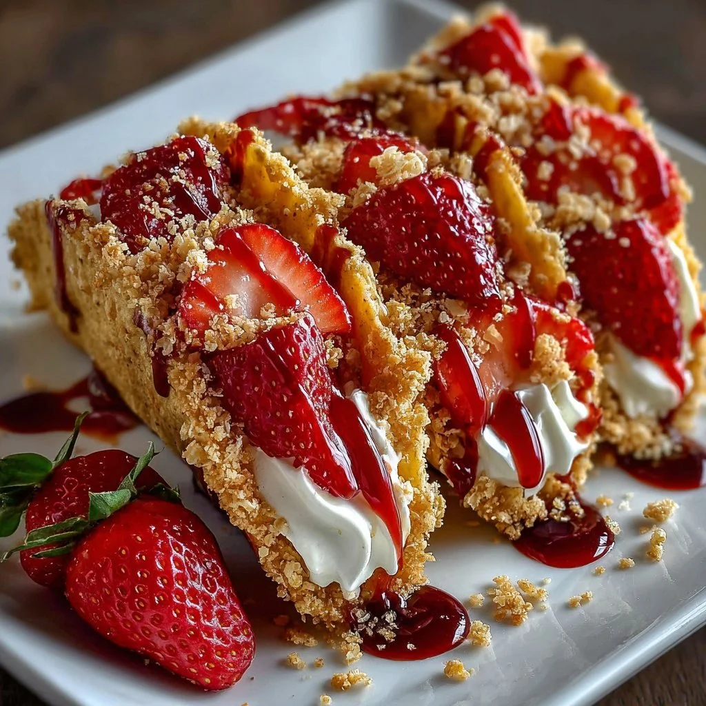 Delicious strawberry crunch cheesecake tacos served on a platter