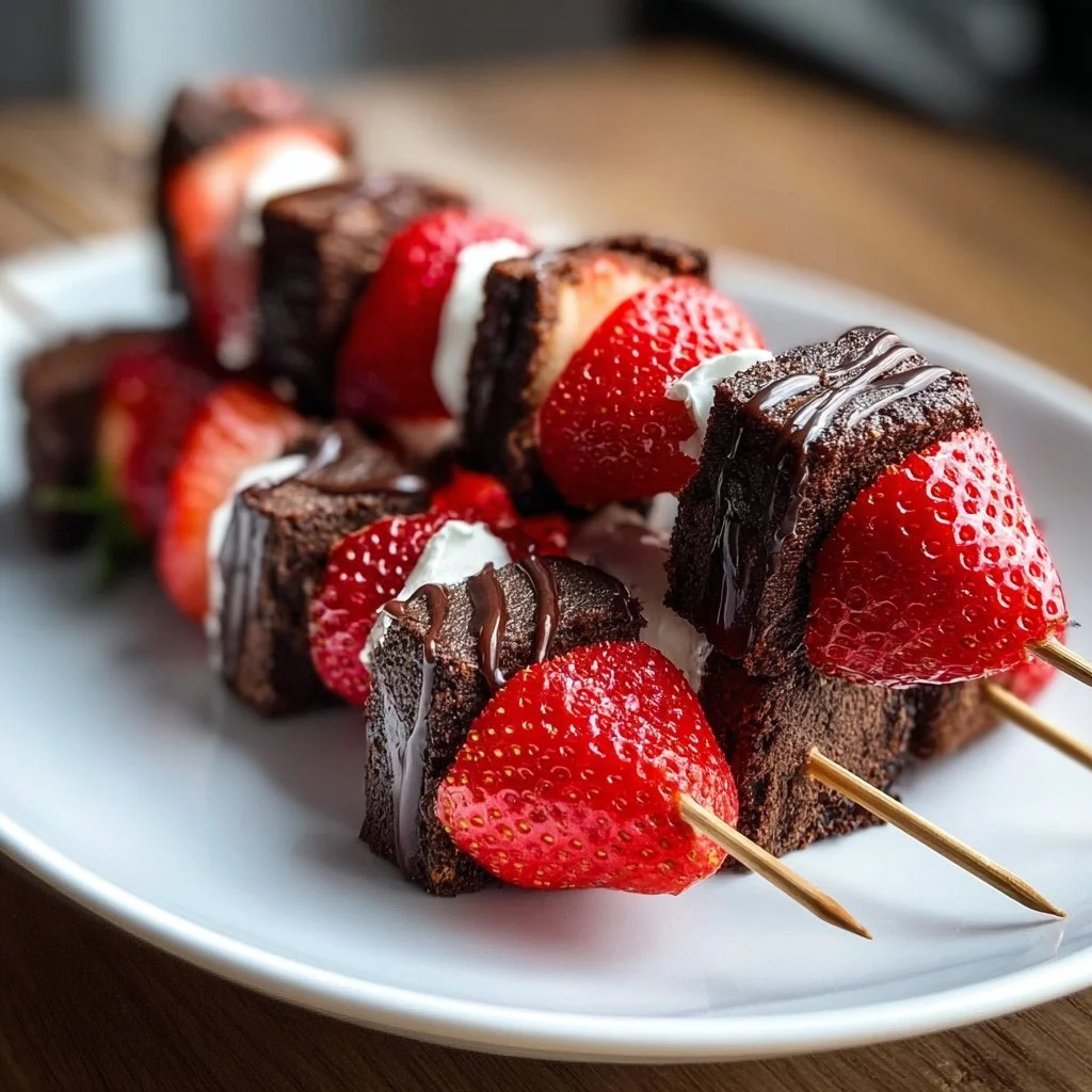 Delicious strawberry brownie kabobs on skewers, perfect for party desserts.