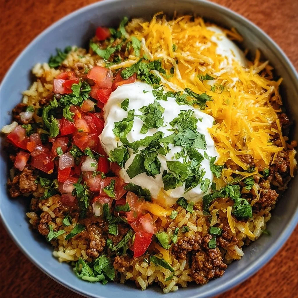 Delicious taco rice bowl topped with fresh ingredients and vibrant flavors