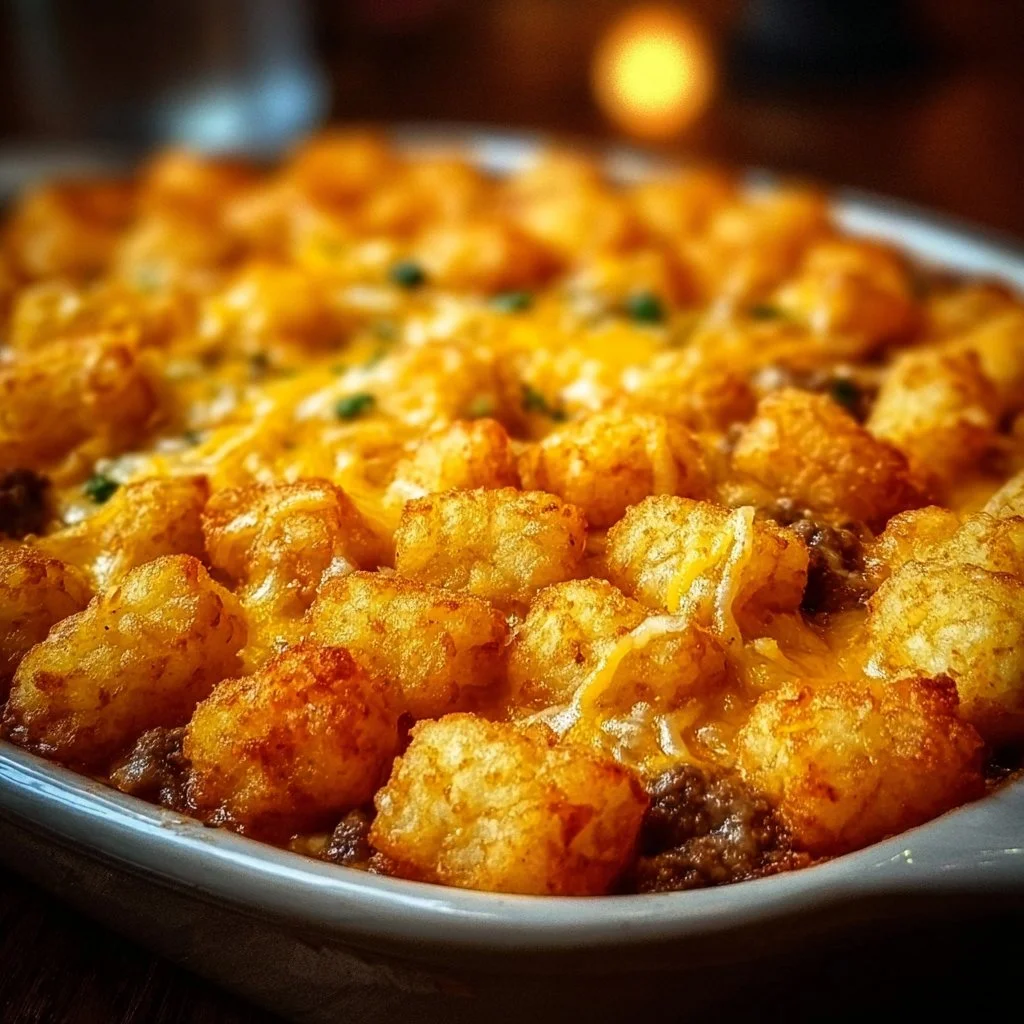 Delicious Tater Tot Casserole topped with cheese and crispy tater tots