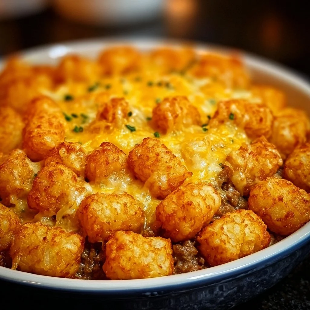 Delicious Tater Tot Casserole topped with crispy tater tots and cheese