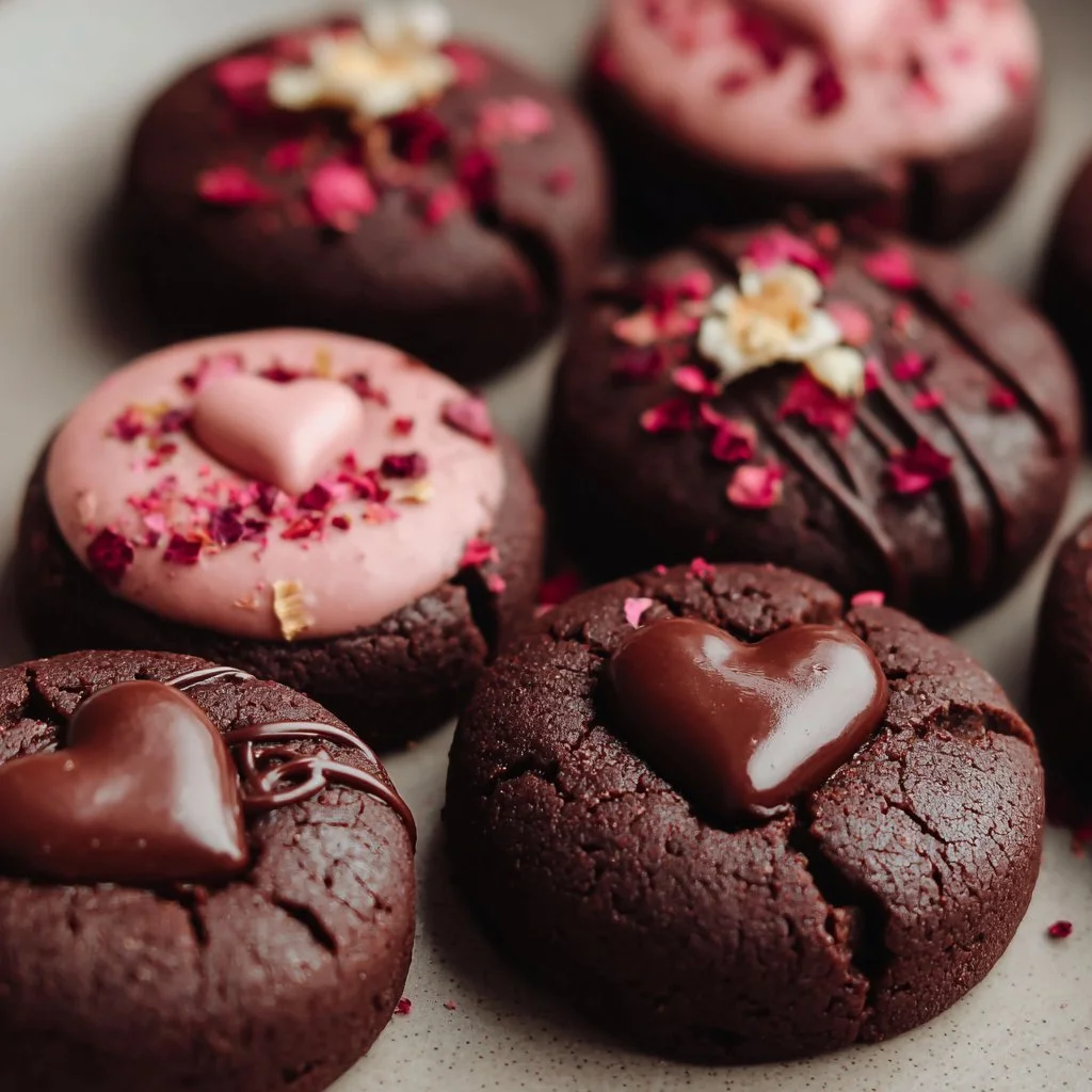 Delicious Valentine ganache cookies topped with rich chocolate ganache.