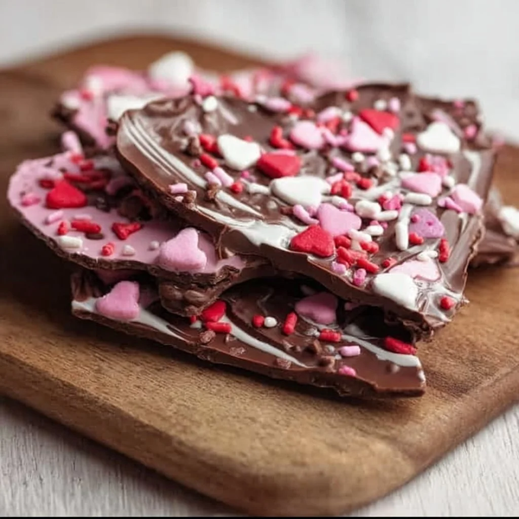 Valentine's Day themed chocolate bark with heart decorations