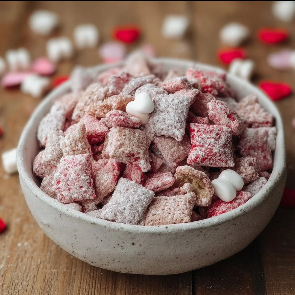 Colorful Valentine's Day Muddy Buddies snack mix in a heart-shaped bowl