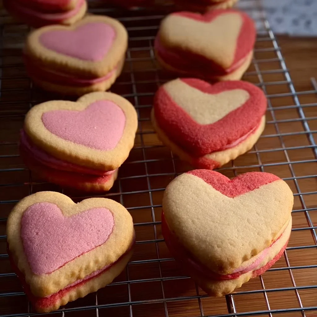 Valentine's Day sandwich cookies decorated with heart shapes and vibrant colors