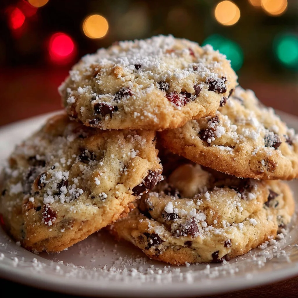Delicious winter wonderland chocolate chip cookies arranged on a festive plate