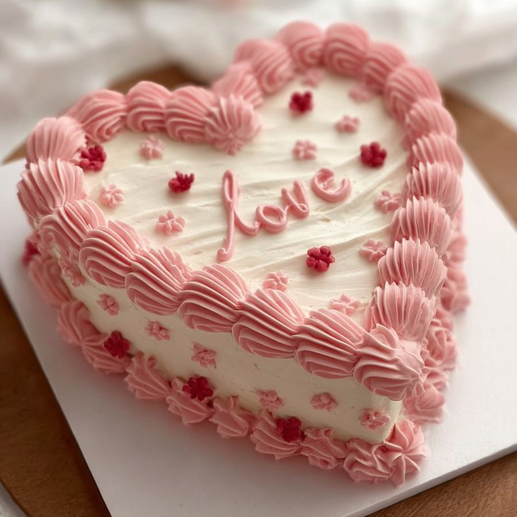 White Heart-Shape Cake with Pink Buttercream