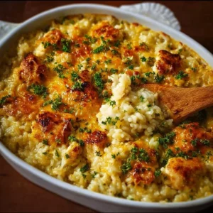 Angel Chicken Rice Casserole with creamy chicken and rice baked to perfection