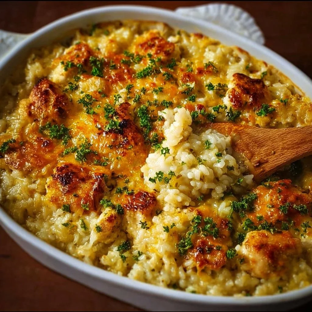 Angel Chicken Rice Casserole with creamy chicken and rice baked to perfection