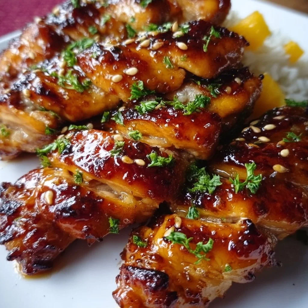 Asian Mango Glazed Chicken Twists served with fresh herbs and vegetables