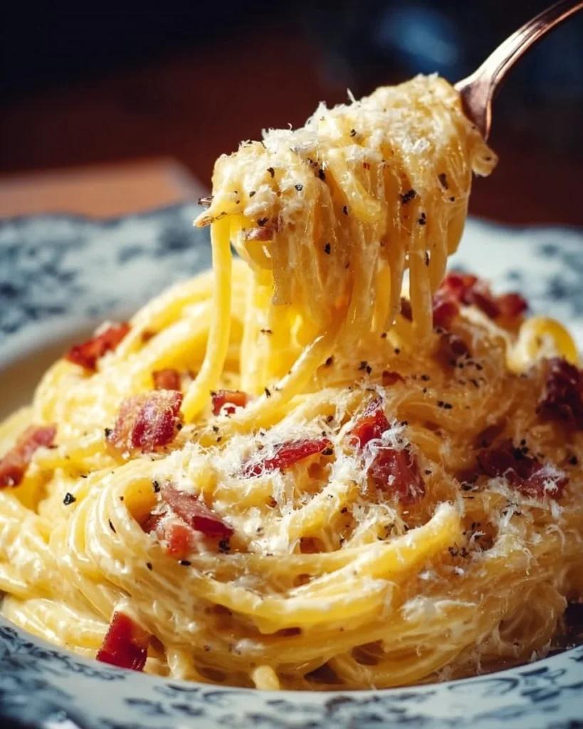 Delicious authentic Carbonara pasta topped with cheese and pepper.