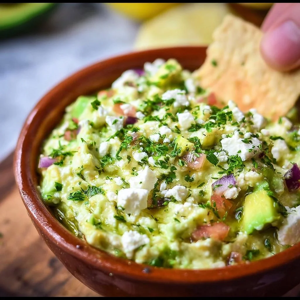 Creamy Avocado Feta Dip served in a bowl with fresh herbs