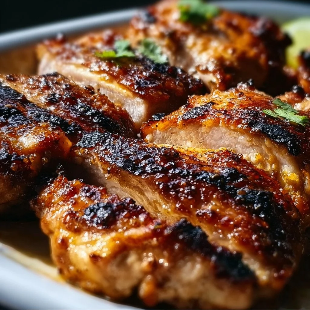 Deliciously baked boneless chicken thighs served on a plate