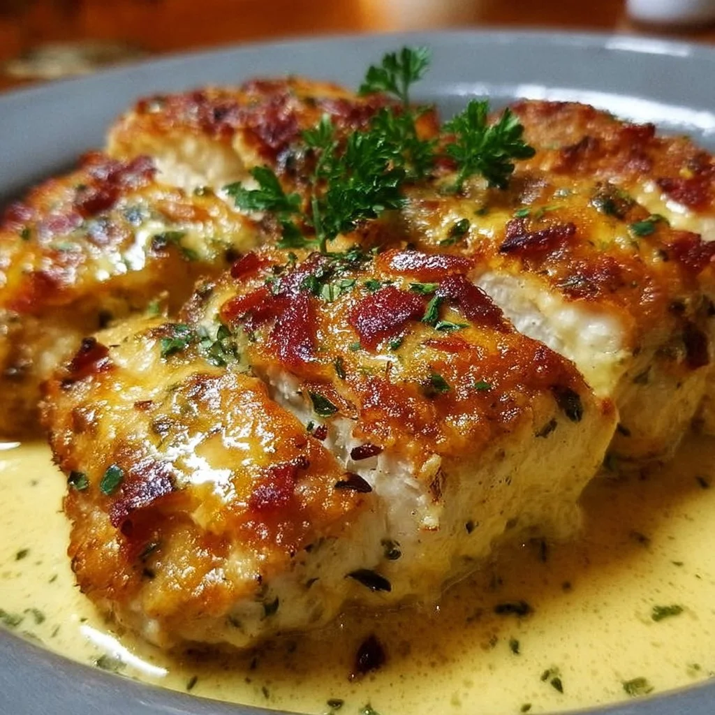 Baked cream cheese chicken dish served with herbs and spices