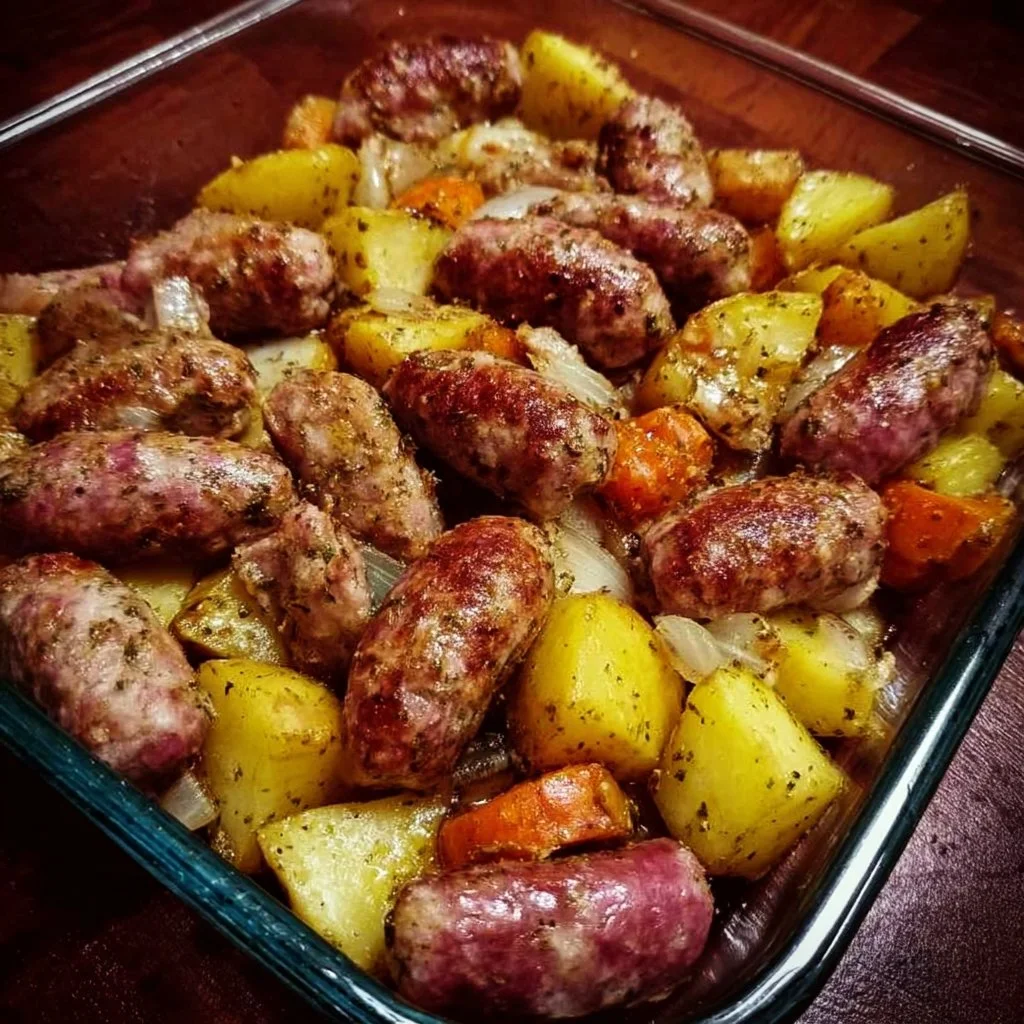 Baked Italian sausage and potatoes served on a plate for dinner