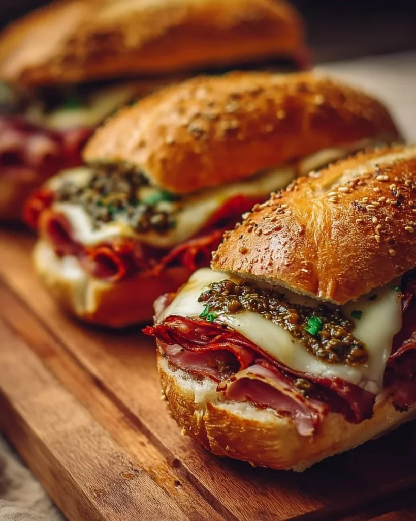 Delicious baked Italian sub sandwiches with meats, cheese, and fresh herbs