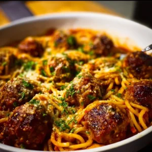 Baked spaghetti with meatballs topped with melted cheese and herbs