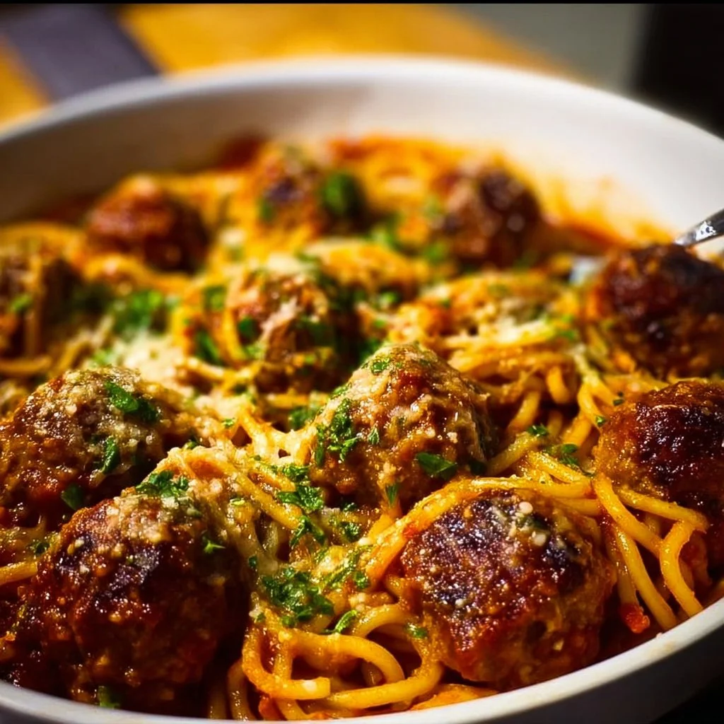 Baked spaghetti with meatballs topped with melted cheese and herbs