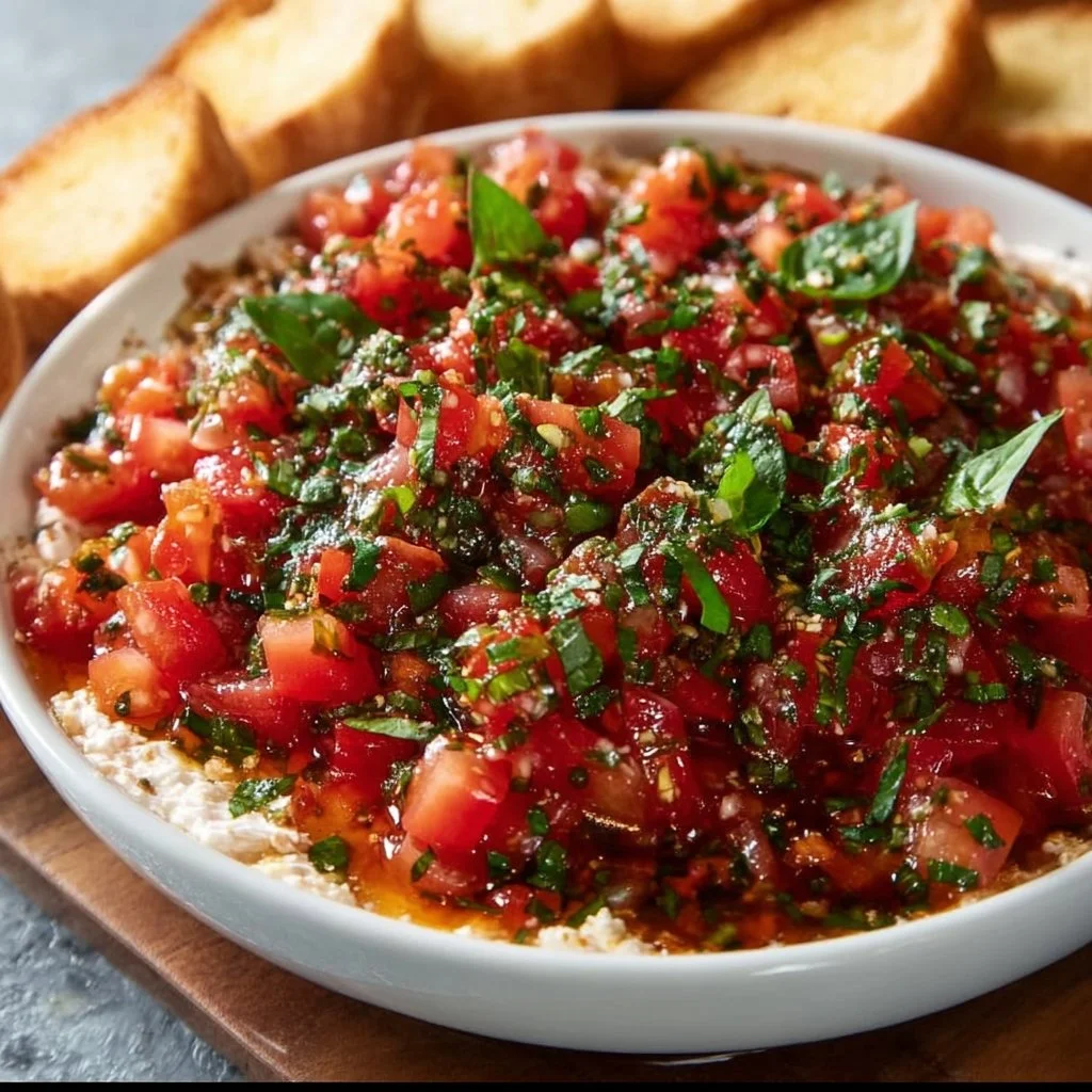 Delicious bruschetta dip served with fresh bread and colorful toppings.