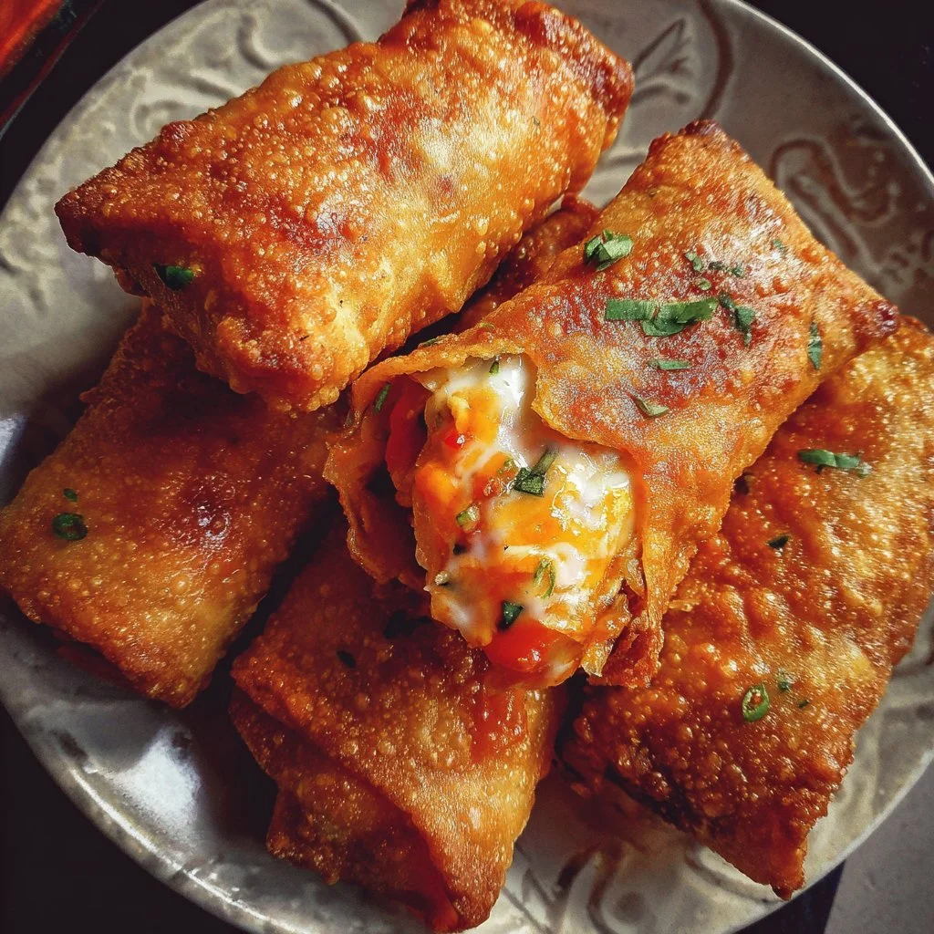 Delicious Buffalo Chicken Egg Rolls served with dipping sauce