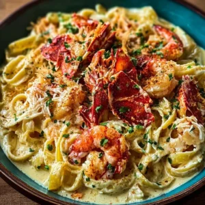 Cajun Seafood Alfredo with lobster and crab served in a creamy sauce