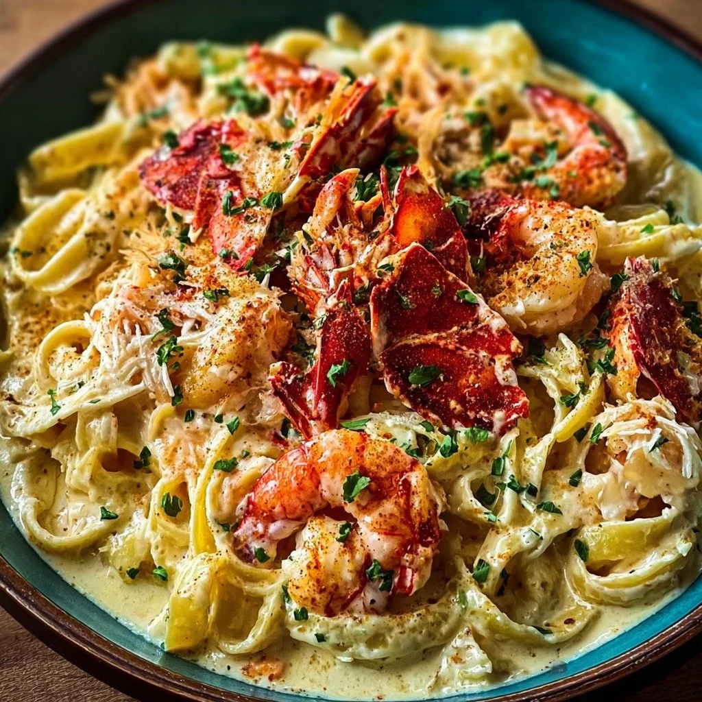 Cajun Seafood Alfredo with lobster and crab served in a creamy sauce