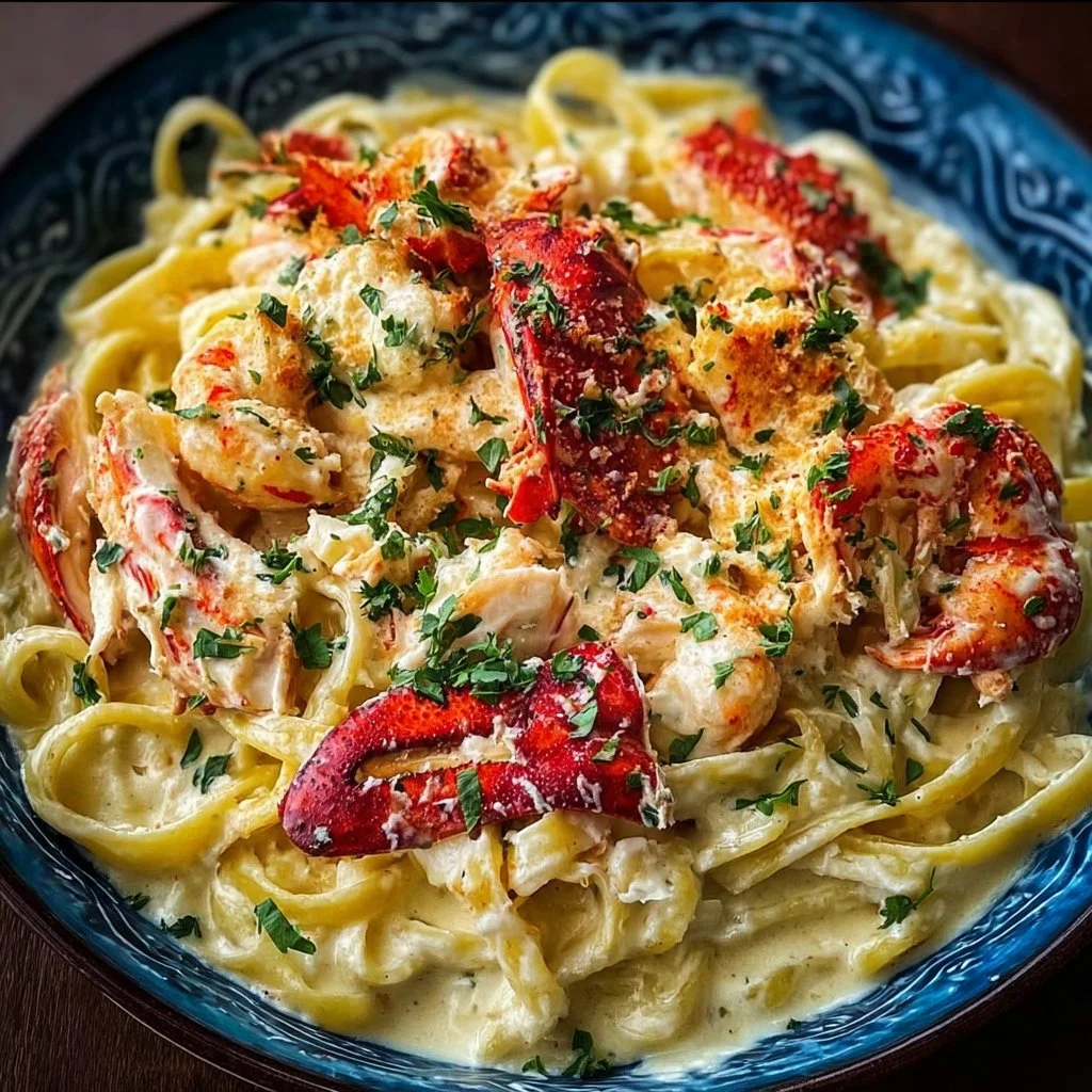 Cajun Seafood Alfredo with Lobster and Crab served in a creamy sauce
