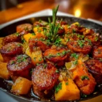 Caramelized sausage and sweet potatoes in a skillet for a hearty dinner.