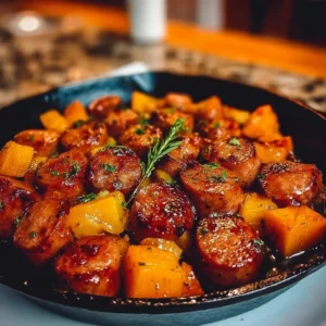Delicious caramelized sausage and sweet potatoes skillet dinner served hot