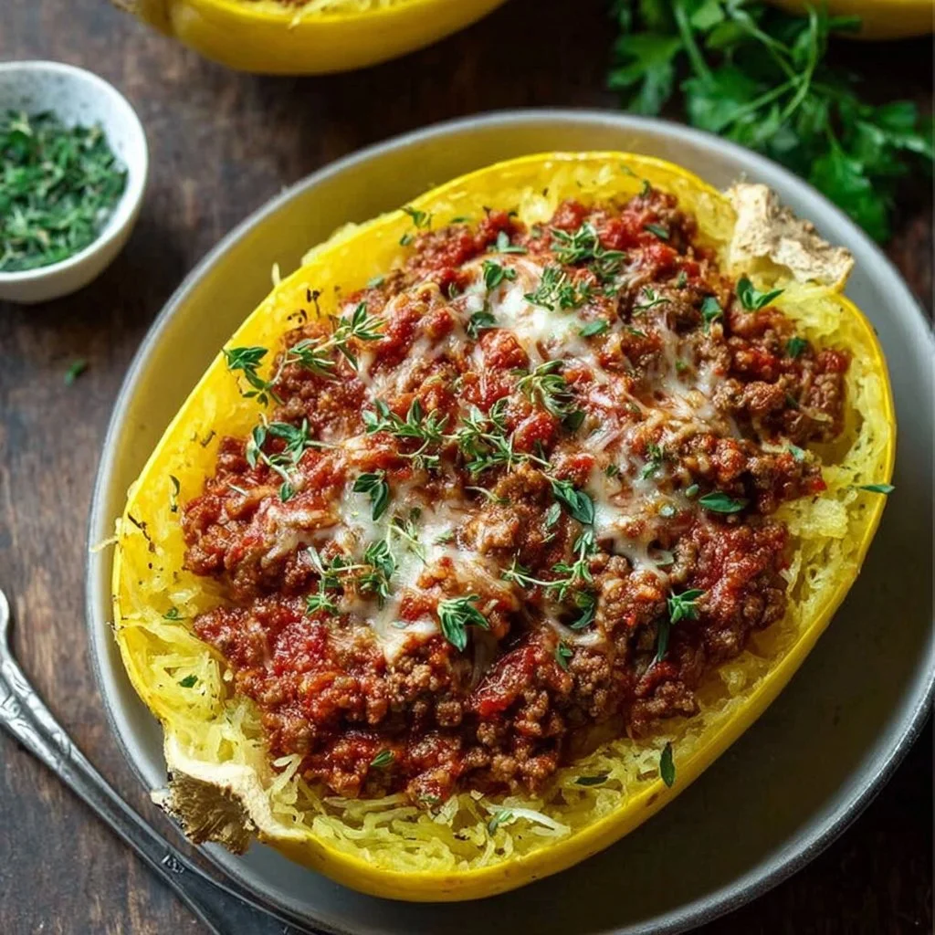 Cheesy Garlic and Herb Spaghetti Squash with Meat Sauce
