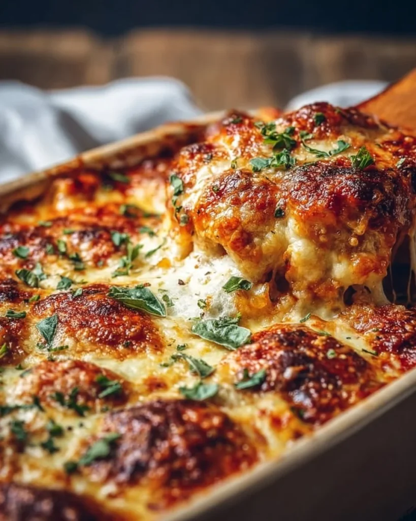 Chicken Parmesan Casserole with layers of chicken, marinara sauce, and cheese