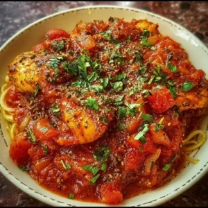 Plate of Chicken Pomodoro Delight with chicken, tomatoes, and herbs
