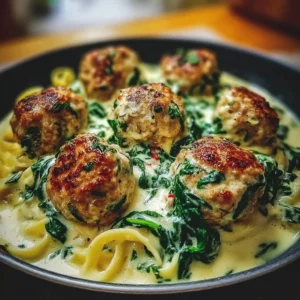 Plate of chicken ricotta meatballs in creamy spinach Alfredo sauce