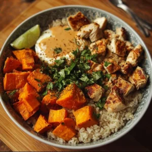 Delicious Chicken & Sweet Potato Rice Bowl served in a colorful dish